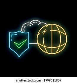 Datenaustausch-Cloud-Symbol leuchtet Neon-Stil, Remote-Infospeicher, Datenbank-Computer-Informationen Umriss flache Vektorgrafik, einzeln auf weiß. Konzept der modernen Web-Server-Tool-Sicherheitstechnologie.