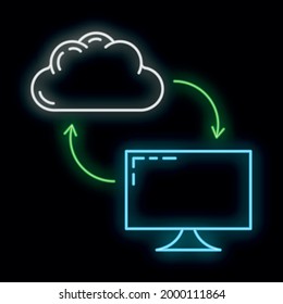 Icono de nube de intercambio de datos resplandece estilo neón, almacenamiento de información remota, información de computadora de base de datos esquema de ilustración vectorial plana, aislado en blanco. Concepto de tecnología moderna de seguridad de herramientas de servidor web.