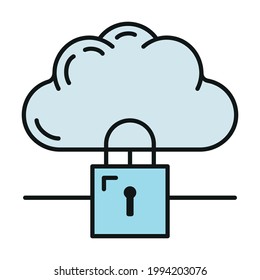 Data exchange cloud icon, protect remote info storage, database computer technology information outline flat vector illustration, isolated on white. Concept modern web server tool security.