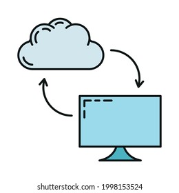 Data exchange cloud icon, protect remote info storage, database computer technology information outline flat vector illustration, isolated on white. Concept modern web server tool security.