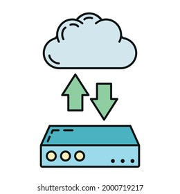 Data exchange cloud icon, protect remote info storage, database computer technology information outline flat vector illustration, isolated on white. Concept modern web server tool security.