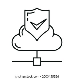 Data exchange cloud icon, protect remote info storage, database computer technology information outline flat vector illustration, isolated on white. Concept modern web server tool security.