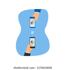 Data exchange concept, smartphone in hands, round diagram in the screen