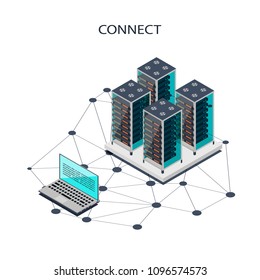 Data exchange, connection. Data center, isometric graphics in flat style, 3D.