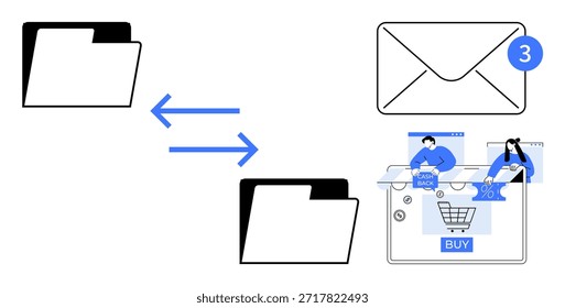 Intercambio de datos, comunicación digital, comercio electrónico, notificaciones, intercambio de archivos, compras en línea. Flechas que enlazan carpetas, interfaz de compras del icono del email. Concepto de intercambio de datos y comunicación digital