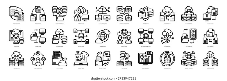 Estilo de linha da coleção de ícones do Data Exchange. contendo Data Exchange, File Exchange, Database Storage, Hybrid Cloud, Cloud Connection, Database Connection, Data Backup