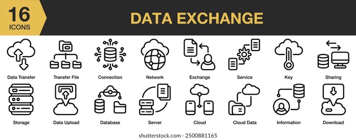 Conjunto de iconos de intercambio de datos. Incluye datos en la nube, conexión, transferencia de datos, información, servidor, almacenamiento, transferencia de archivos y más. Iconos de contorno Vector colección