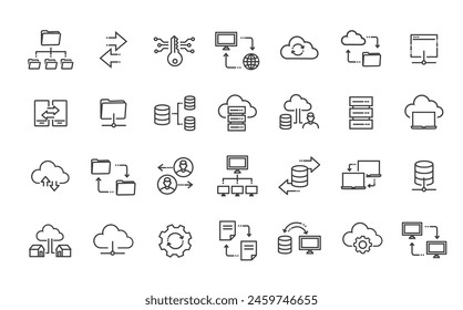 Iconos de intercambio de datos. Iconos de línea fina de transferencia de datos y conexión de red. Servicio de alojamiento web compartido