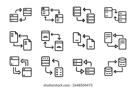 Symbole für den Datenaustausch und die Informationsübertragung stellen die Kommunikation zwischen Datenspeicherservern und Dokumenten dar.