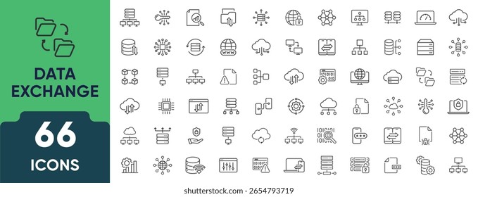 Data Exchange Line Icon Set. Set of 66 outline icons including file transfer, cloud sync, server, network traffic, upload, download, and sharing. Editable stroke. Linear vector illustration.