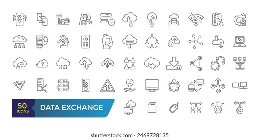 Iconos de línea de intercambio de datos. Web de esquema y colección de iconos de interfaz. Trazo editable. Ilustración vectorial