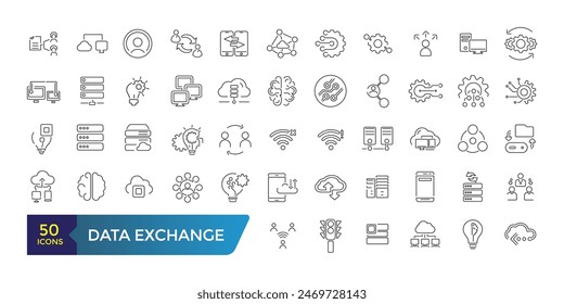 Iconos de línea de intercambio de datos. Web de esquema y colección de iconos de interfaz. Trazo editable. Ilustración vectorial