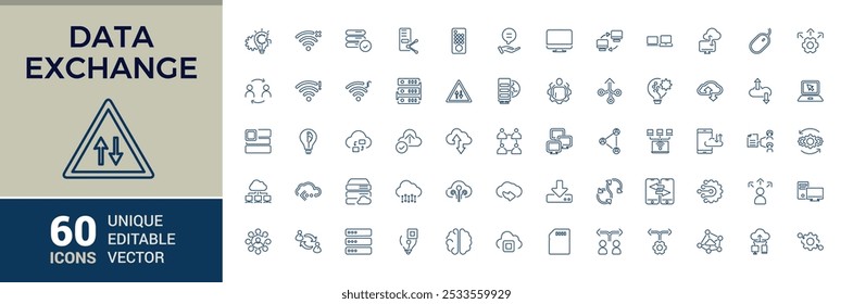 Conjunto de ícones de linha de troca de dados. Relacionado a transferência, comunicação, compartilhamento, integração, arquivo e muito mais. Coleção de ícones de linha fina. Traçado editável. Ilustração vetorial.