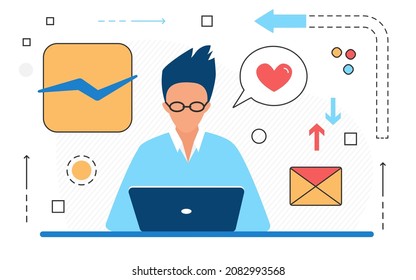 Data exchange on Internet, man makes online sending messages. Getting information from global network, blogger with laptop, vector design