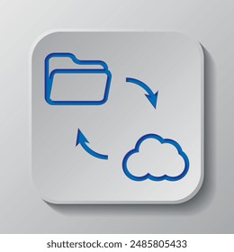 Data exchange simple icon, vector. Flat design. Paper cut design. Cutted blue symbol with shadow. Gray badge button, gray background.ai