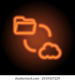 Data exchange simple icon, vector. Flat design. Orange neon on black background.ai