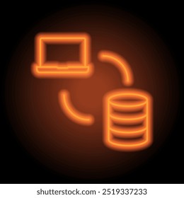 Troca de dados, ícone de transferência vetor. Design plano. Néon laranja no fundo preto.ai