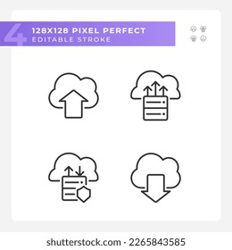 Data exchange via cloud resources pixel perfect linear icons set. Upload and download files on virtual storage. Customizable thin line symbols. Isolated vector outline illustrations. Editable stroke