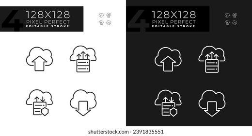 Data exchange via cloud resources pixel perfect linear icons set for dark, light mode. Upload and download files. Thin line symbols for night, day theme. Isolated illustrations. Editable stroke