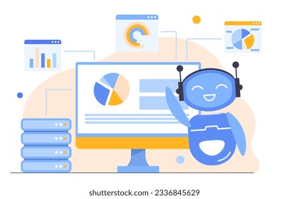 Data extraction concept. Bot on background of graphs and charts. Process automation and machine learning, artificial intelligence. Chatbot with infographic. Cartoon flat vector illustration