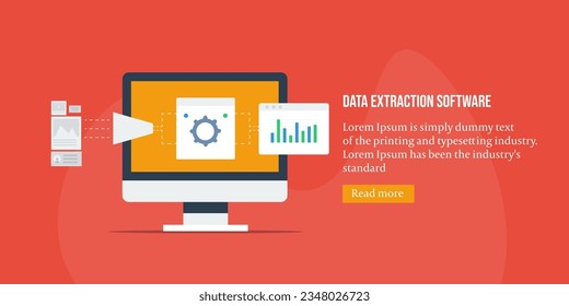 Data extraction concept vector banner. Software extracting data. Website analysis report. Illustration background with icons and texts.
