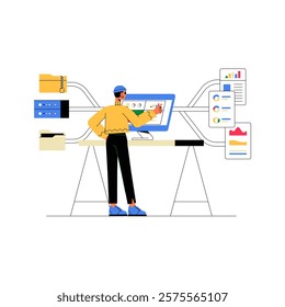 Data Extraction With Male Character, Flat Vector Illustration Symbolizing Information Retrieval, Analytics, And Workflow, Isolated On White Background