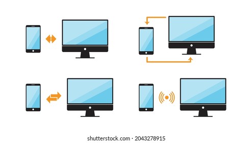 Data and file transfer from mobile to computer icons. Smartphone to Computer file sharing vector icons. Photo and video sharing from mobile to computer vector. Mobile to computer connection