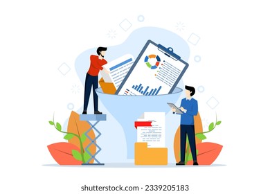 data filter concept, person with Business report in funnel, tidy up business report, sorting necessary and unnecessary data. document archive. flat vector illustration on a white background.