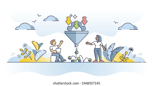 Data filter funnel for information sorting and optimization outline concept. Quality info flow results selection and processing vector illustration. Digital communication stream content censorship.