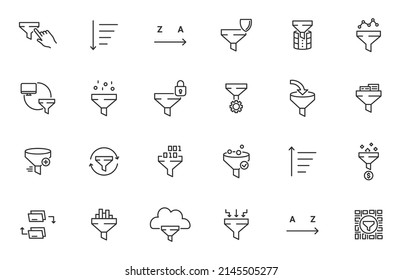 Icono de línea de embudo de filtro de datos. Conjunto de símbolos de proceso de filtro de vector digital de base de datos de alta densidad de línea delgada