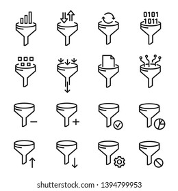 Data filter icon, network and communication management. Data filtering set. Vector line art illustration on white background