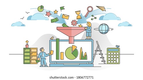 Data filter with information flow analysis and management outline concept. Business data selection and optimization for better outcome and easier understanding vector illustration. Processing files.