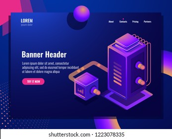Data filter isometric icon, web hosting, server room, datacenter cloud storage, database and big data processing and analyzing dark neon vector