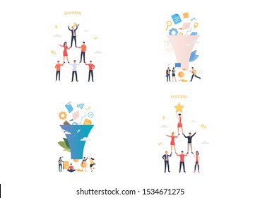 Data filter and success illustration set. People forming pyramid, winning prize. Business concept. Vector illustration for landing pages, presentation slide templates
