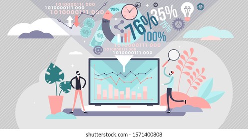 Data filter vector illustration. Big information amount analysis in flat tiny person concept. Digital network database management with file structure system and search. Filtration flow process scene.