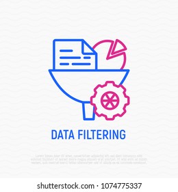 Data filtering, infornation through funnel thin line icon. Modern vector illustration.