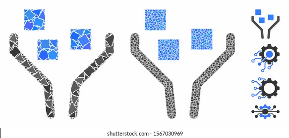 Data filtering mosaic of bumpy pieces in various sizes and shades, based on data filtering icon. Vector raggy pieces are composed into collage. Data filtering icons collage with dotted pattern.