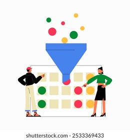 Proceso De Filtrado De Datos Con Especialistas Masculinos Y Femeninos En Ilustración vectorial Plana Que Simbolizan La Organización De Información, La Toma De Decisiones Y El Análisis, Aislados Sobre Fondo Blanco