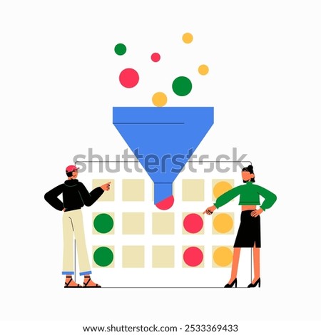 Data Filtering Process With Male And Female Specialists In Flat Vector Illustration Symbolizing Information Organization, Decision Making, And Analytics, Isolated On White Background