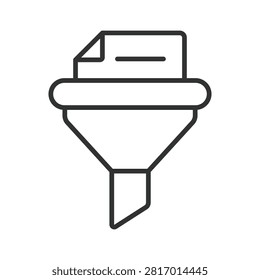 Data filtering and processing with document, icon in line design. Funnel, filter, document, information, process, data, analysis on white background vector. Data filtering editable stroke icon
