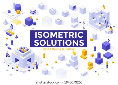 Data Filtering and Sorting set - cubes and people performing filtration of digital information, cluster analysis. Bundle of isometric design elements isolated on white background. Vector illustration.