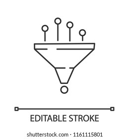 Data filtering and structuring system linear icon. Machine learning process. Thin line illustration. Data mining. Funnel. Statistics gathering. Vector isolated outline drawing. Editable stroke