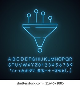 Data filtering and structuring system neon light icon. Machine learning process. Glowing sign with alphabet, numbers and symbol. Data mining. Funnel. Statistics gathering. Vector isolated illustration