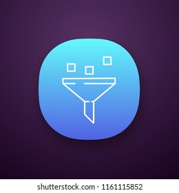 Data filtering system app icon. Machine learning process. Data mining. Funnel. Statistics gathering. UI/UX user interface. Web or mobile application. Vector isolated illustration