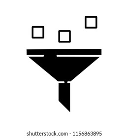 Data filtering system glyph icon. Machine learning process. Data mining. Funnel. Statistics gathering. Silhouette symbol. Negative space. Vector isolated illustration