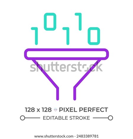 Data filtering two color line icon. Funnel and binary code bicolor outline symbol. Data processing and analytics. Dataset. Duotone linear pictogram. Isolated illustration. Editable stroke