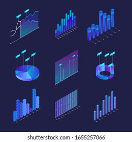 Icono 3d de signo gráfico de Data Finance Establecer vista isométrica para informe. Iconos de elementos estadísticos ilustrados por vectores