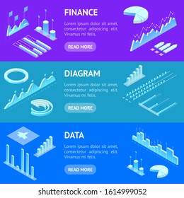 Data Financial Graphs Concept Banner Horizontal Set 3d Isometric View Include of Chart, Diagram, Growth Elements and Bar. Vector illustration