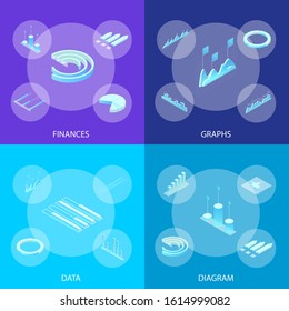 Data Financial Graphs Concept Banner Set 3d Isometric View Include of Chart, Diagram, Growth Elements and Bar. Vector illustration