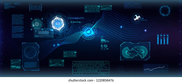 Data flow analysis. Big data algorithms visualization, technologies infographic analytic in HUD style. Futuristic interface. Statistics big data, analytical indicator and biology formuls. Vector Hud